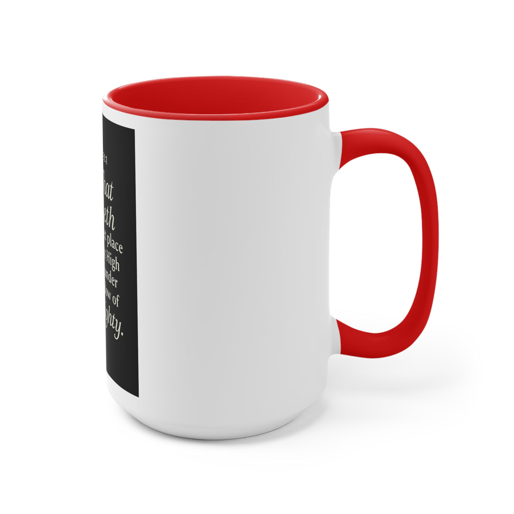 Psalm 91:1 Accent Mug — He That Dwelleth Inspirational Pink-Trim Coffee Cup
