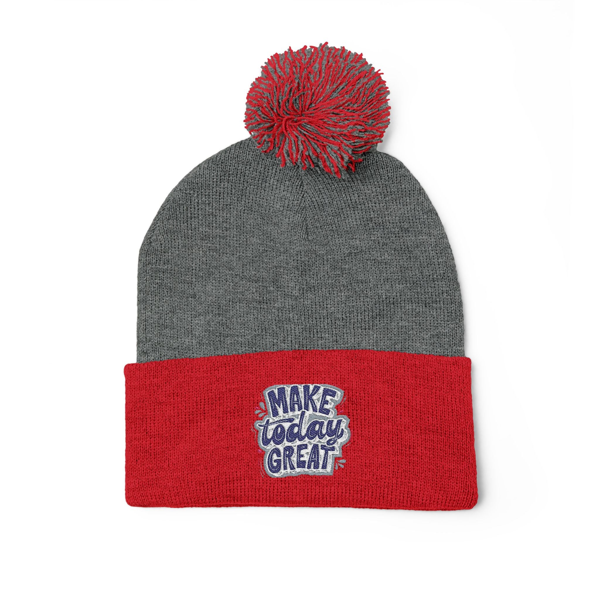 Embroidered Pom-Pom Knit Beanie – “Make Today Great” Cozy Winter Hat