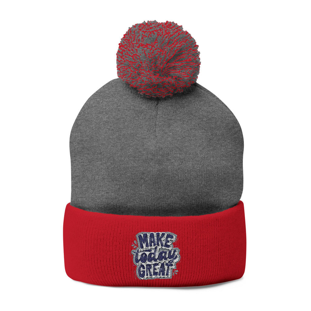 Embroidered Pom-Pom Knit Beanie – “Make Today Great” Cozy Winter Hat