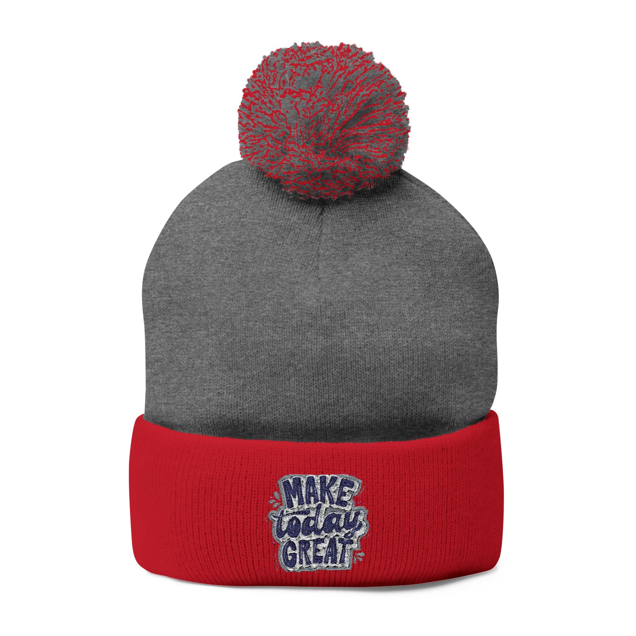 Embroidered Pom-Pom Knit Beanie – “Make Today Great” Cozy Winter Hat