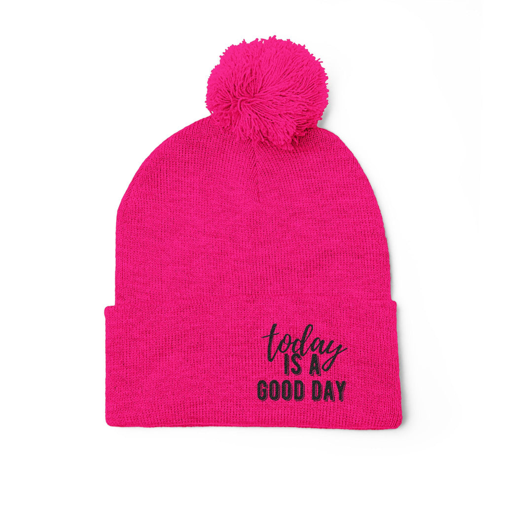 Embroidered Pom-Pom Knit Cap – “Today Is A Good Day” Cozy Winter Beanie