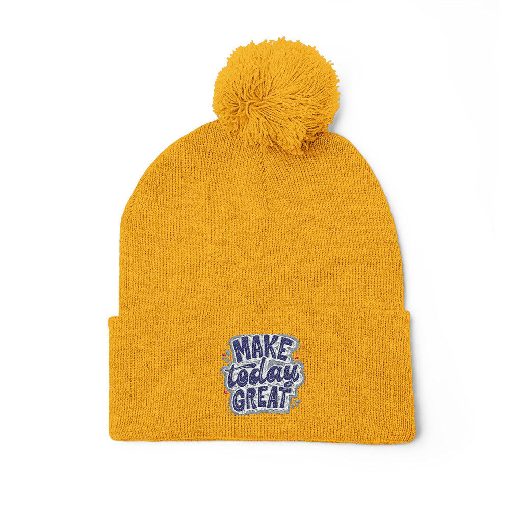 Embroidered Pom-Pom Knit Beanie – “Make Today Great” Cozy Winter Hat