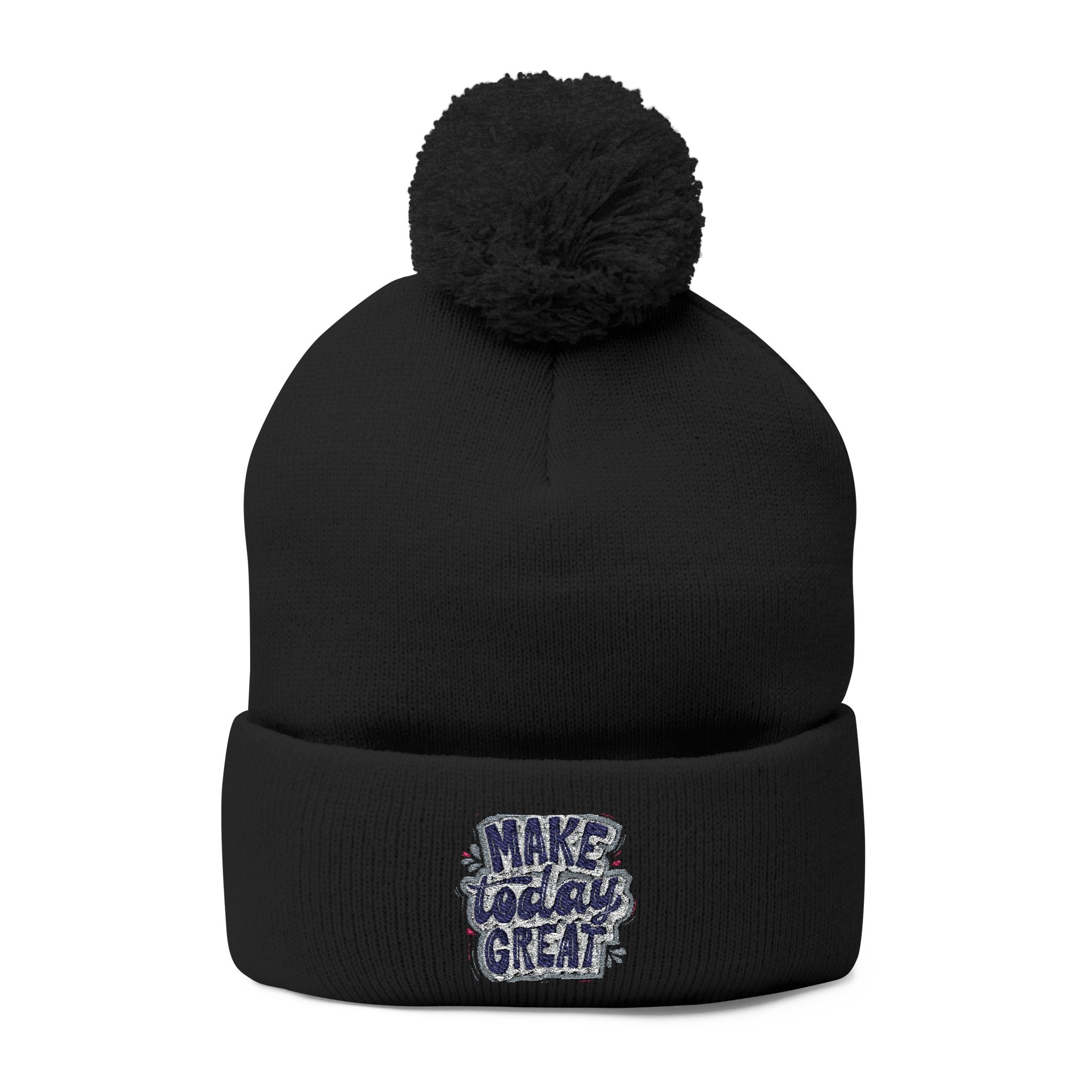 Embroidered Pom-Pom Knit Beanie – “Make Today Great” Cozy Winter Hat