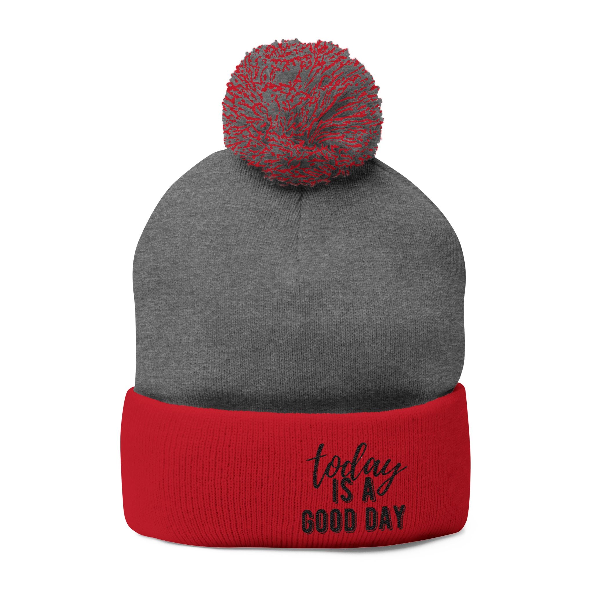 Embroidered Pom-Pom Knit Cap – “Today Is A Good Day” Cozy Winter Beanie