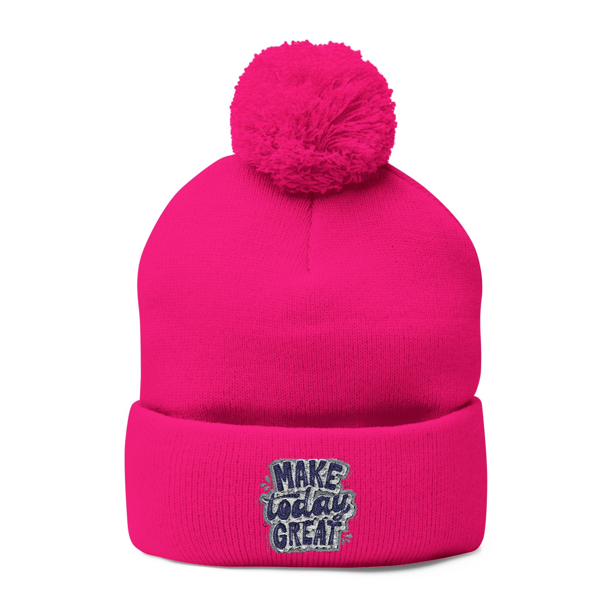 Embroidered Pom-Pom Knit Beanie – “Make Today Great” Cozy Winter Hat