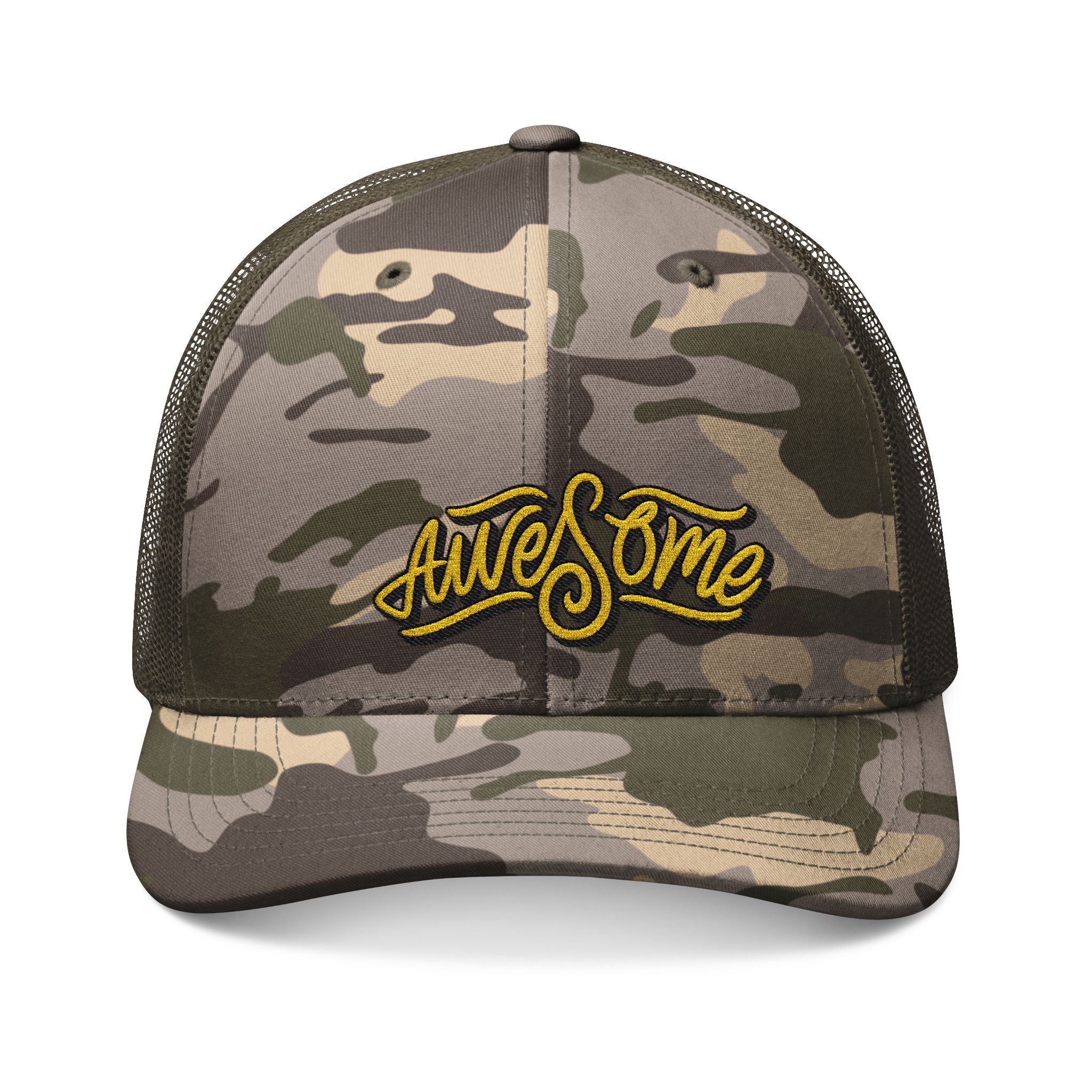 Camo Trucker Hat – Embroidered “Awesome” Patch | Adjustable Mesh Back Cap