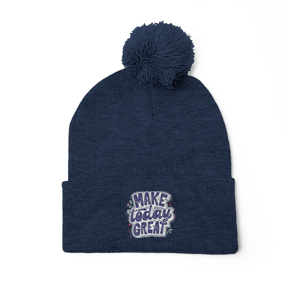 Embroidered Pom-Pom Knit Beanie – “Make Today Great” Cozy Winter Hat