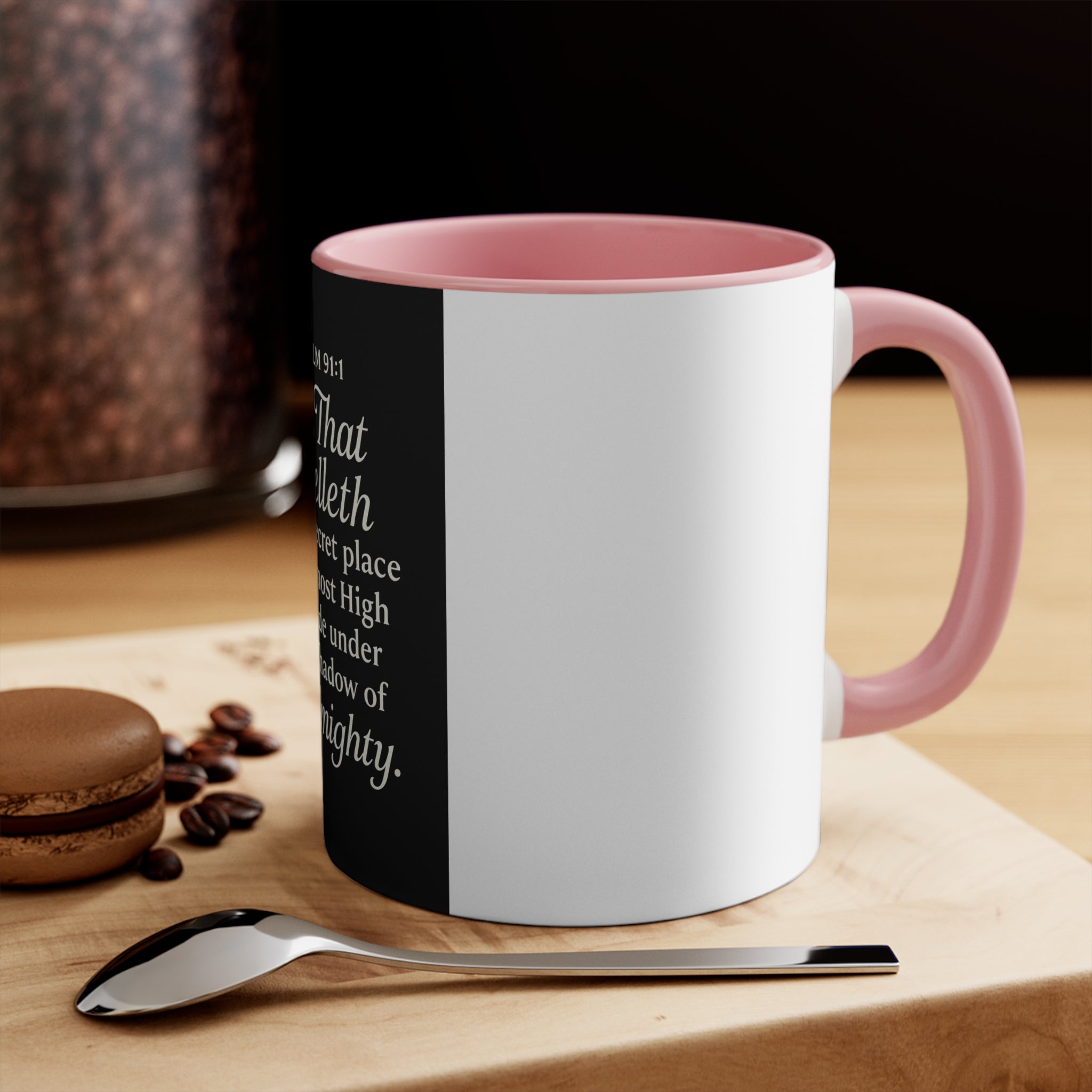 Psalm 91:1 Accent Mug — He That Dwelleth Inspirational Pink-Trim Coffee Cup