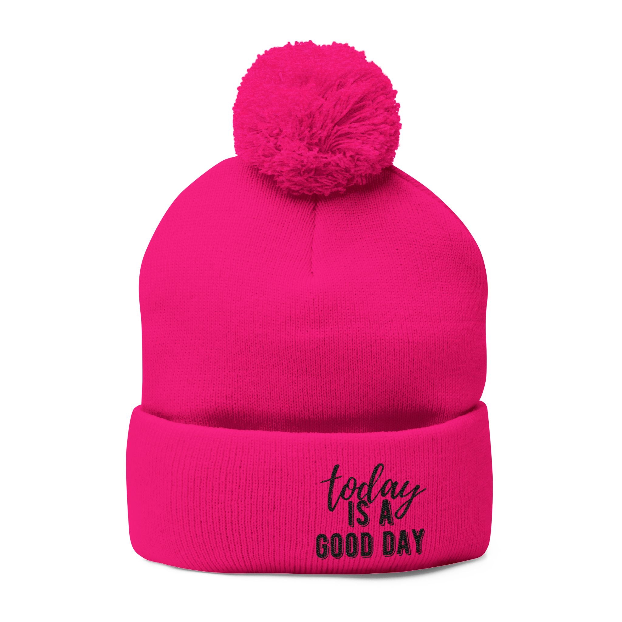 Embroidered Pom-Pom Knit Cap – “Today Is A Good Day” Cozy Winter Beanie