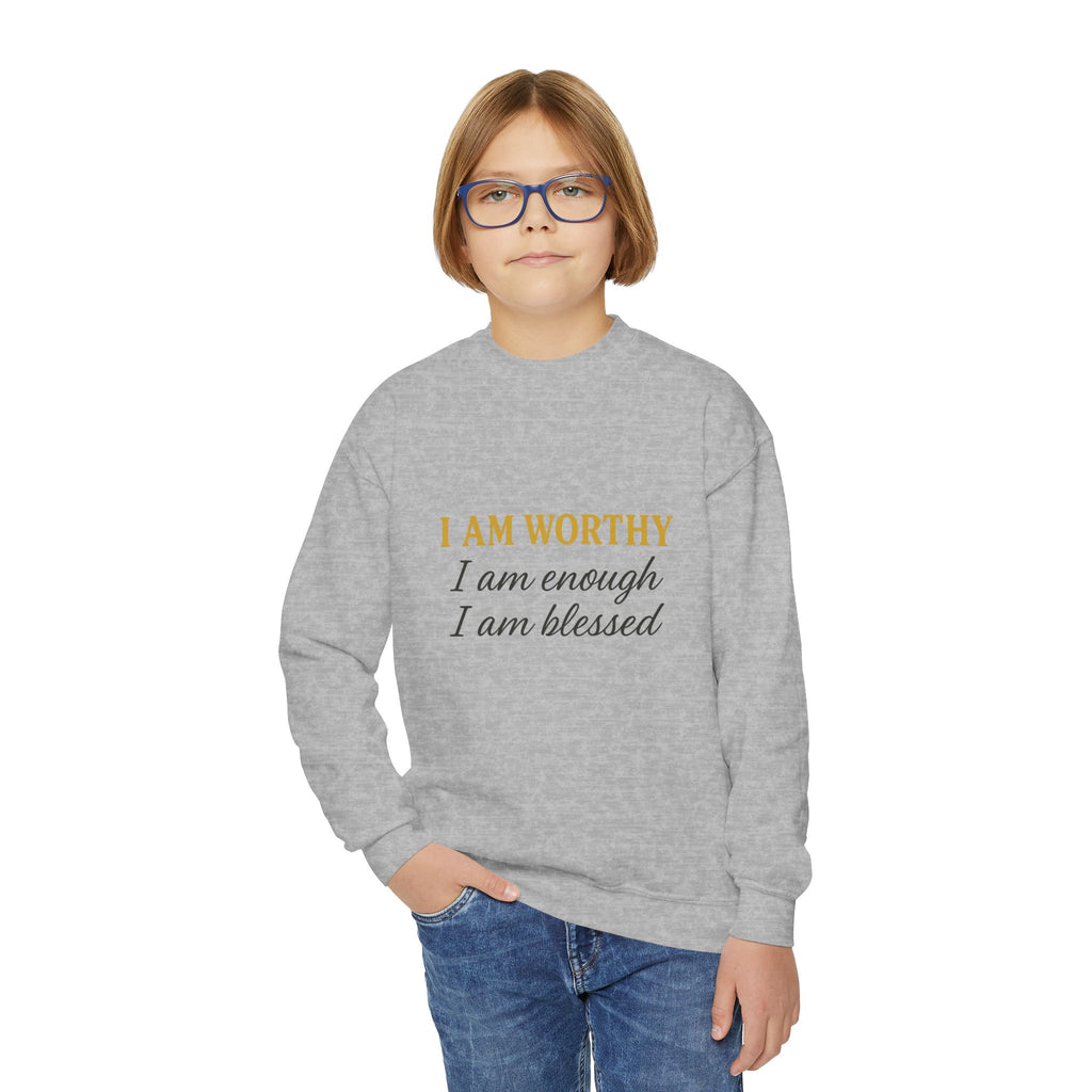 Youth Crewneck Sweatshirt - "I Am Worthy, I Am Enough, I Am Blessed" Inspirational Affirmation