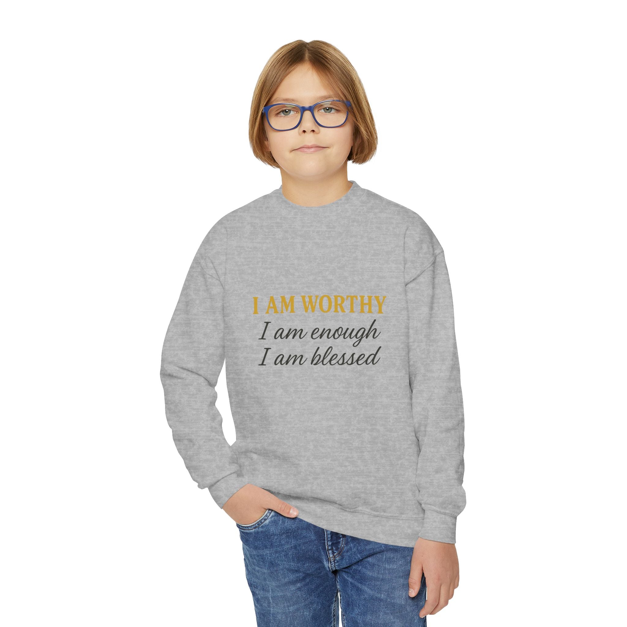 Youth Crewneck Sweatshirt - "I Am Worthy, I Am Enough, I Am Blessed" Inspirational Affirmation