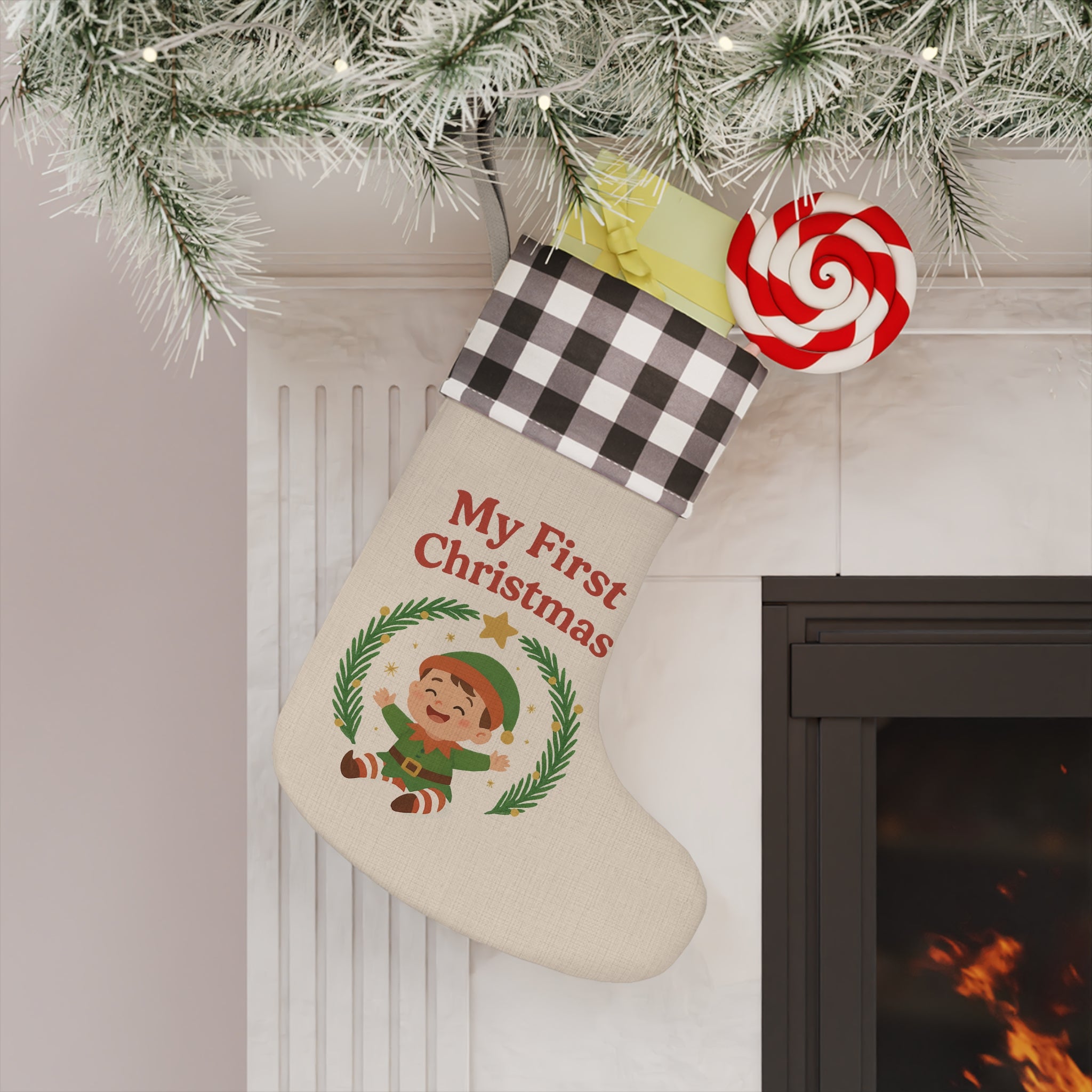 My First Christmas Baby Stocking — Buffalo Plaid Cuff Holiday Stocking