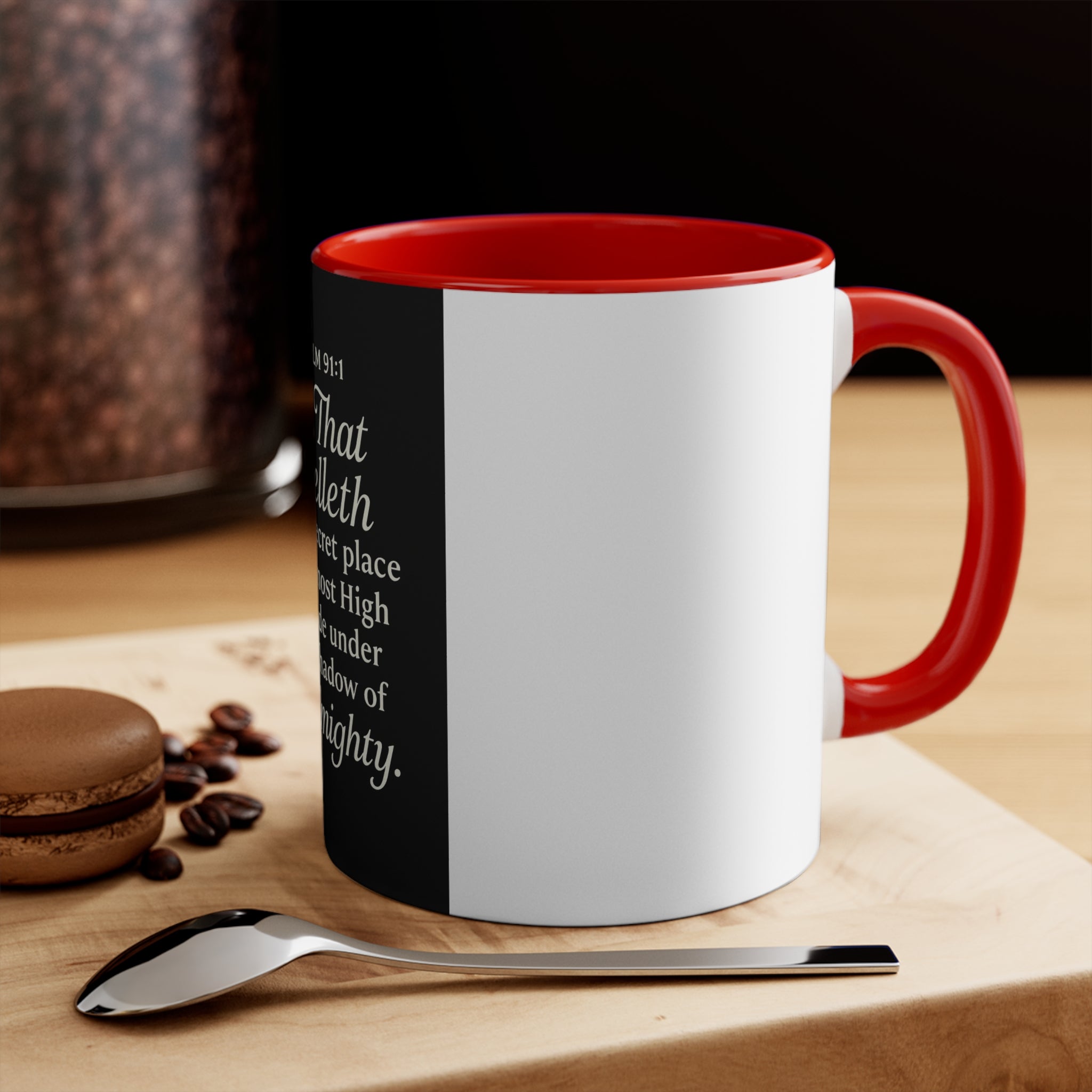 Psalm 91:1 Accent Mug — He That Dwelleth Inspirational Pink-Trim Coffee Cup