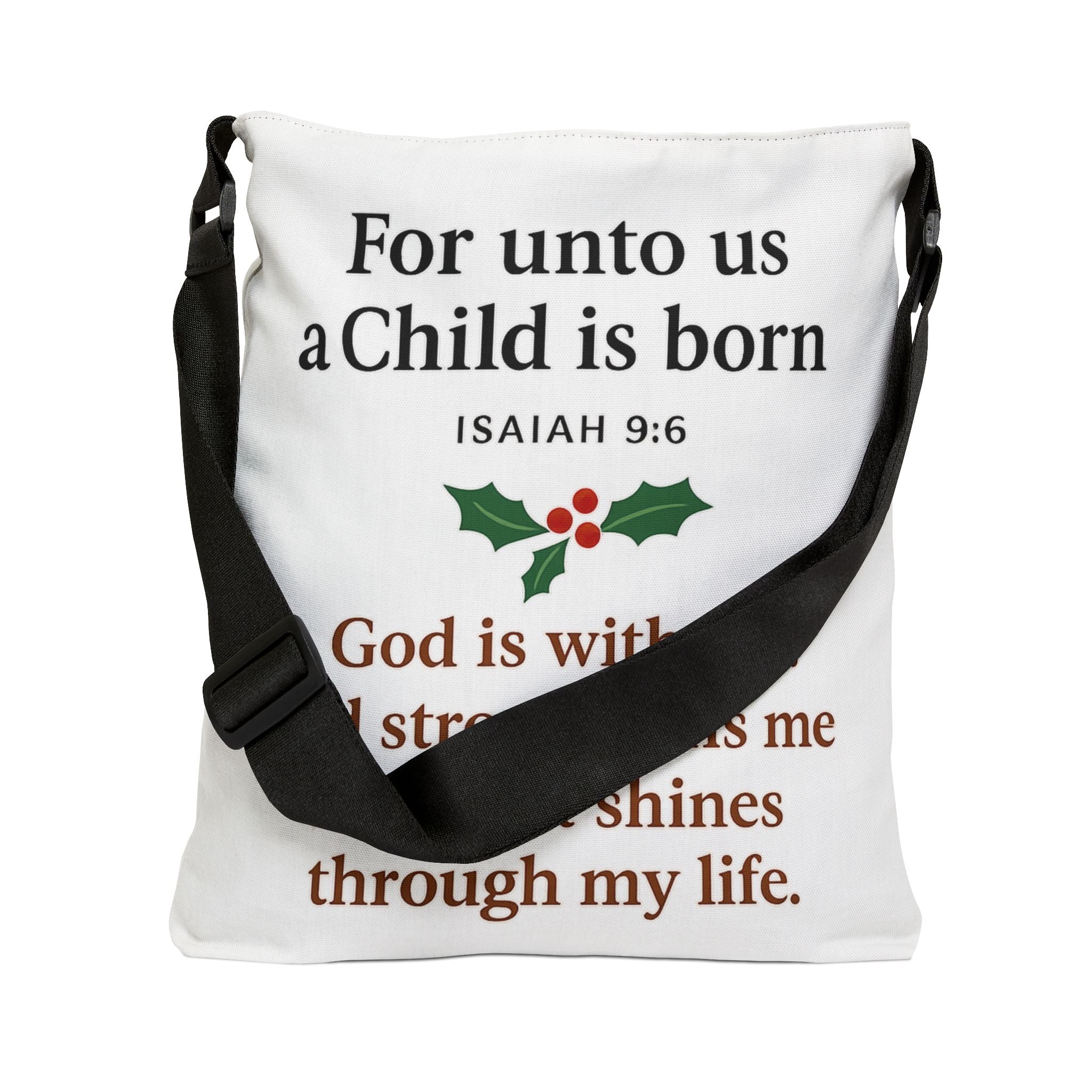 Christmas Scripture Tote Bag — “For unto us a Child is born” Isaiah 9:6 Adjustable Tote