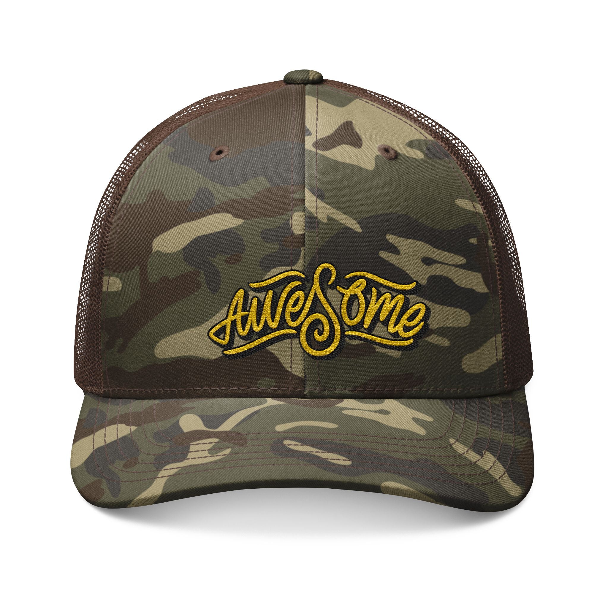 Camo Trucker Hat – Embroidered “Awesome” Patch | Adjustable Mesh Back Cap