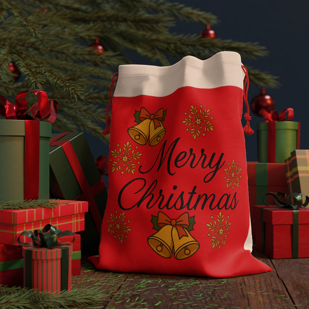 Merry Christmas Drawstring Gift Bag – Festive Red Bells & Snowflakes Holiday Pouch