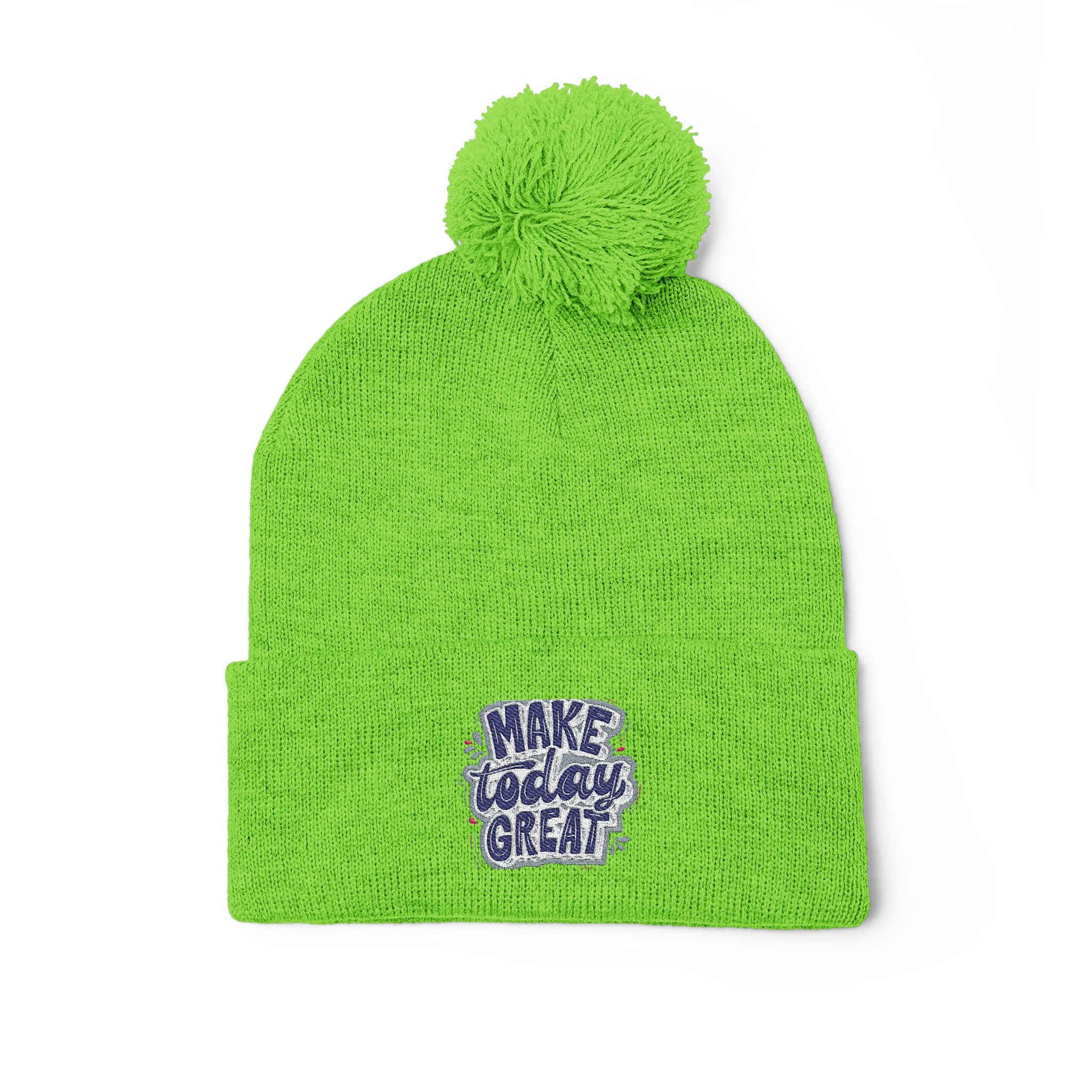Embroidered Pom-Pom Knit Beanie – “Make Today Great” Cozy Winter Hat