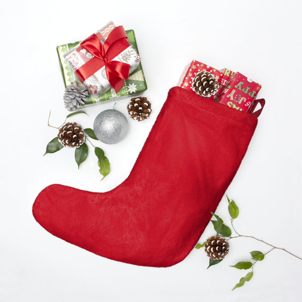 Merry Christmas Red Velvet Stocking with Bells & Snowflakes