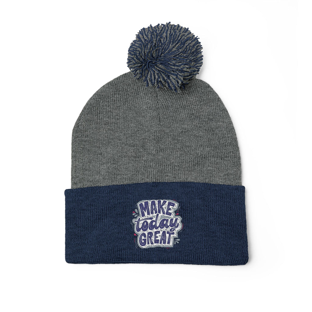 Embroidered Pom-Pom Knit Beanie – “Make Today Great” Cozy Winter Hat