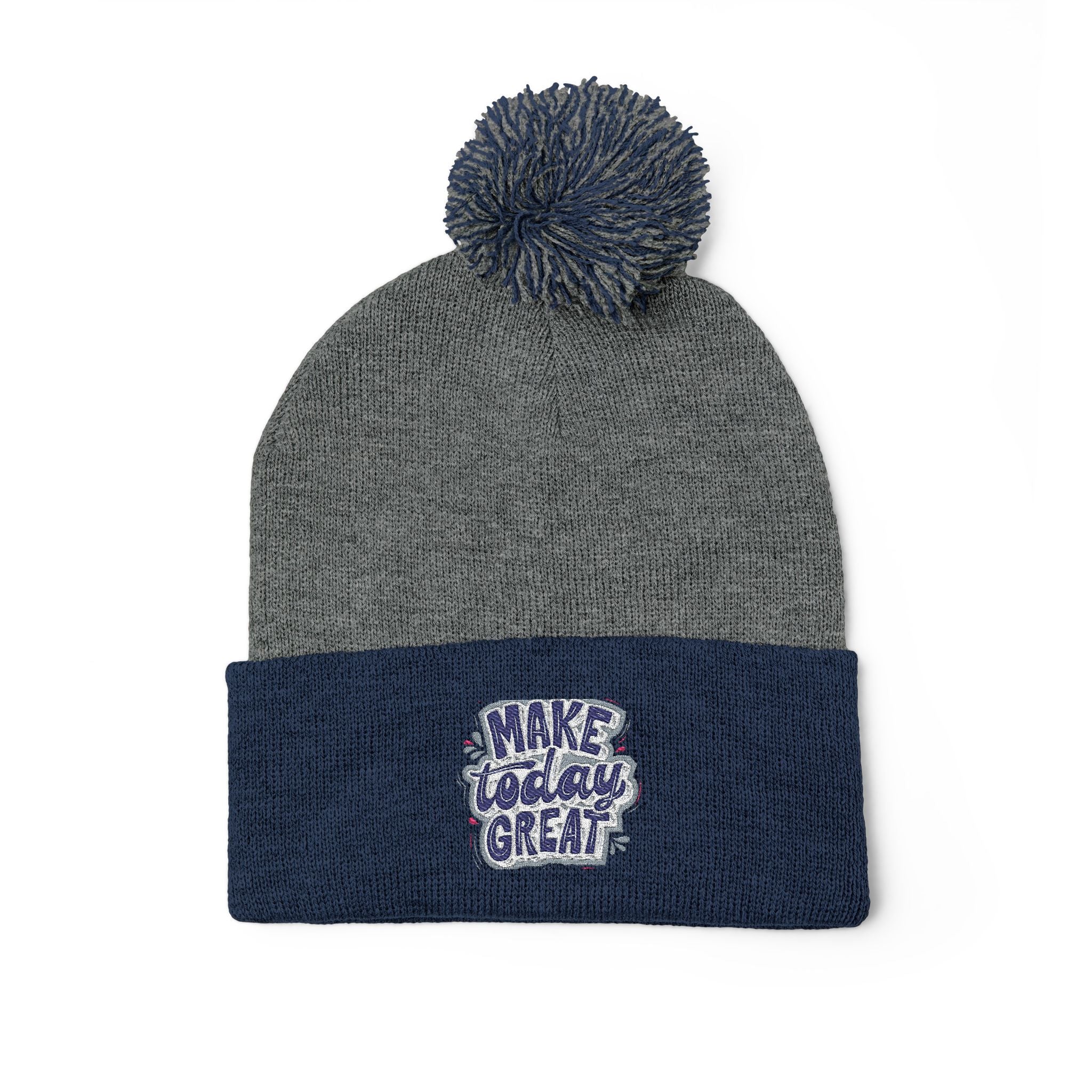 Embroidered Pom-Pom Knit Beanie – “Make Today Great” Cozy Winter Hat