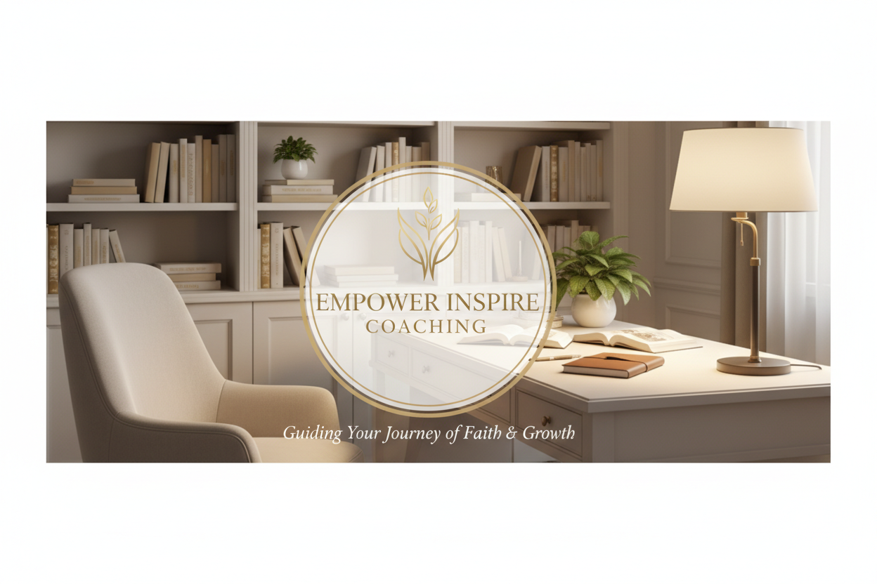 Shorter style Online store blog page cream and badge transparent background faith base Empower Inspire Coaching beautiful unique no clouds no birds office with books lamp chair 